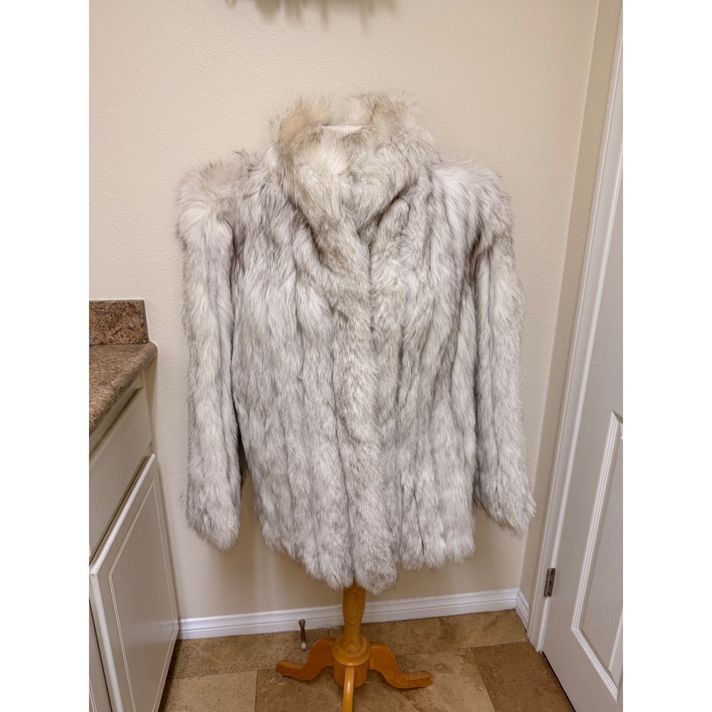 Niki Blue Fox Fur Coat Women's Large Finland Pelts White Grey Mid Length Jacket